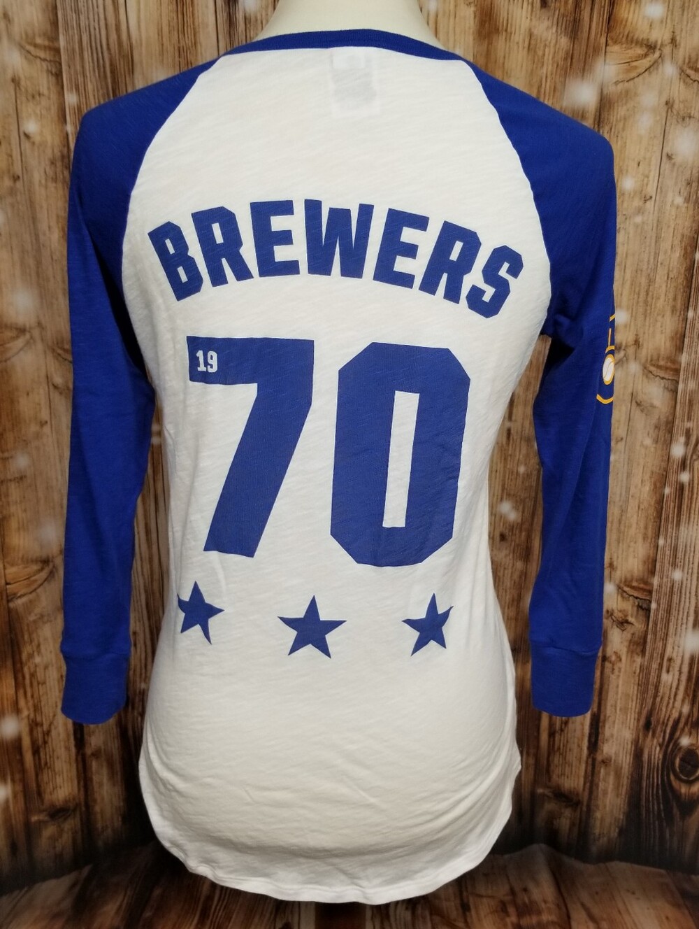 Milwaukee Brewers Pink Women White Blue Medium 3/4 Sleeve Bling Jersey Shirt MLB